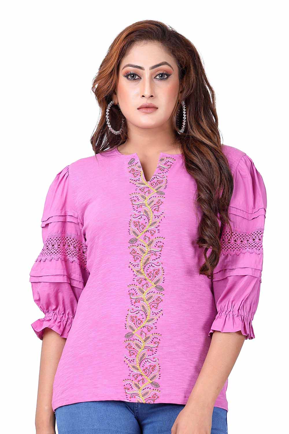 KAIRA PINK JERSEY EMBROIDERED WESTERN T-SHIRT