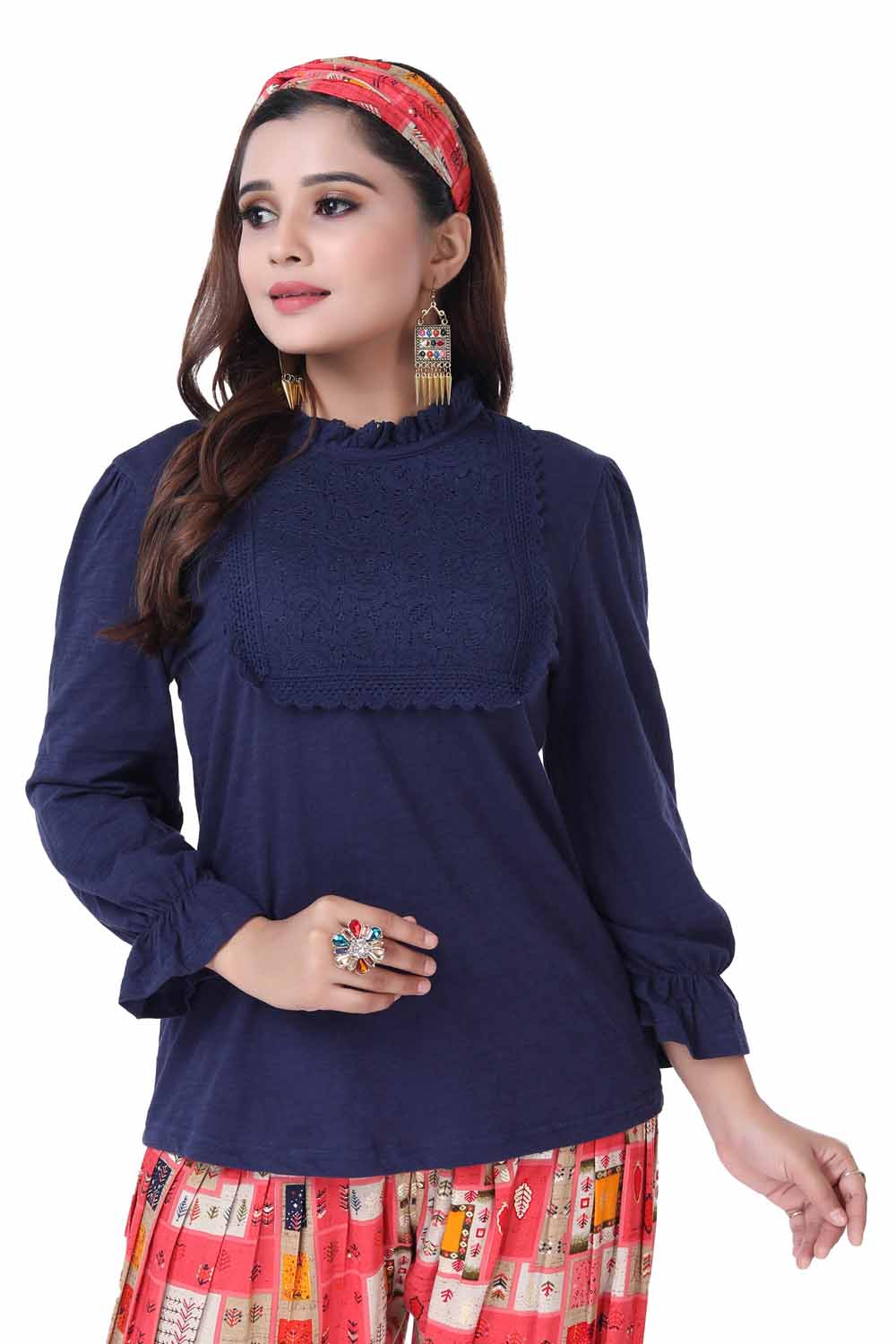 KAIRA NAVY BLUE JERSEY EMBROIDERED WESTERN T-SHIRT