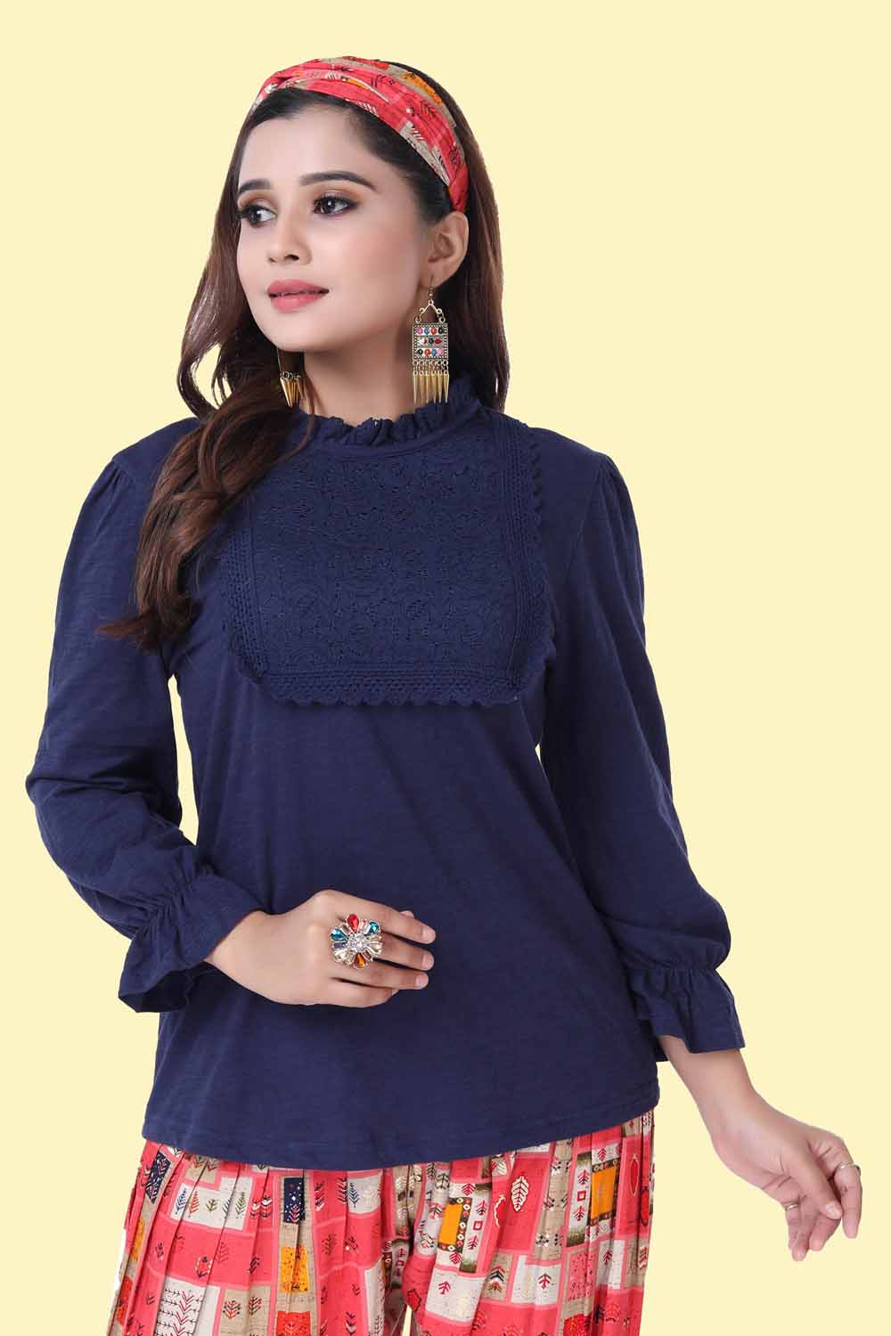 KAIRA NAVY BLUE JERSEY EMBROIDERED WESTERN T-SHIRT