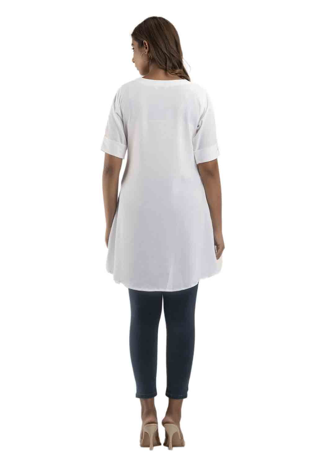 White Round Neck Solid Short Kurti