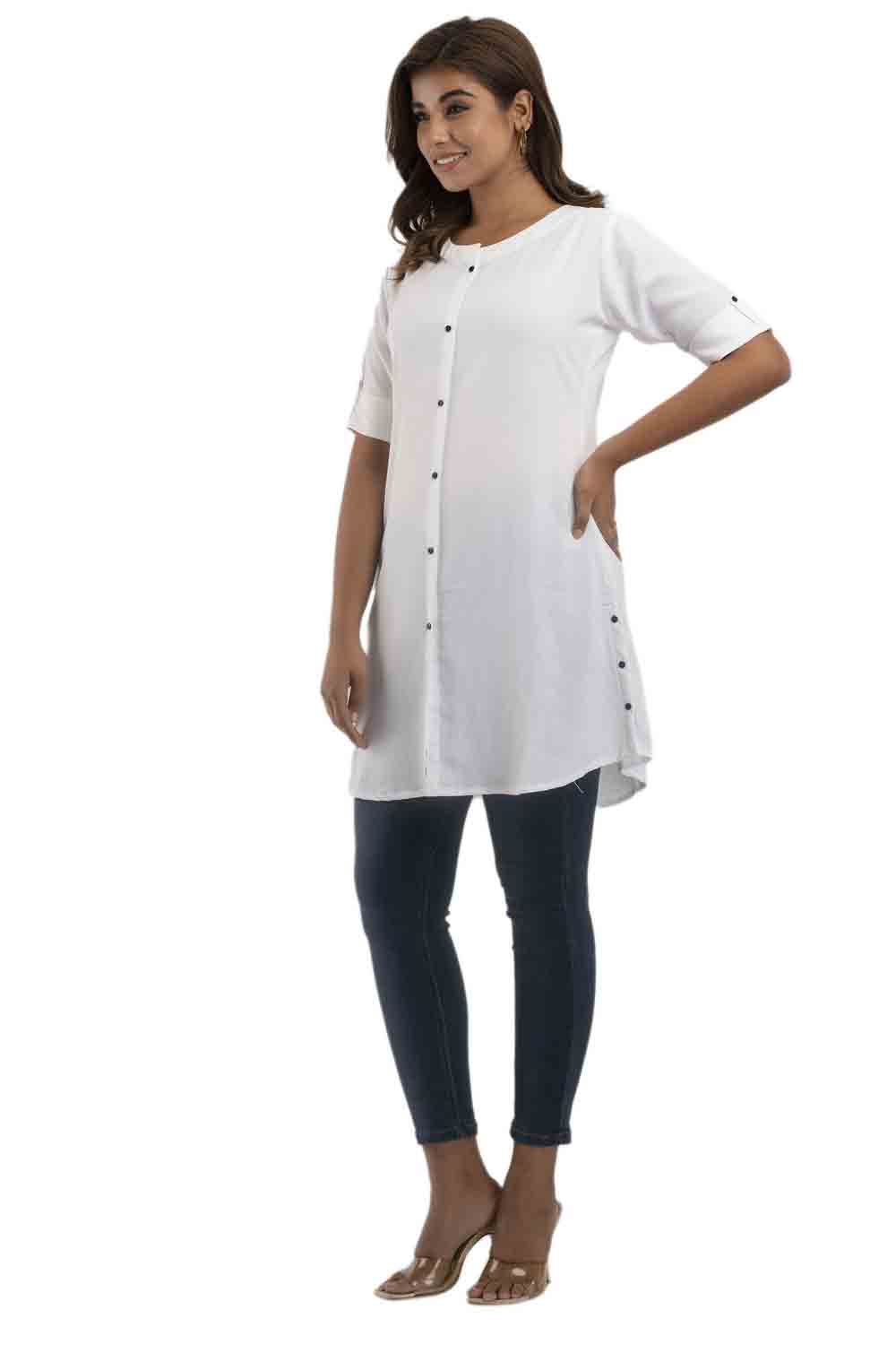 White Round Neck Solid Short Kurti
