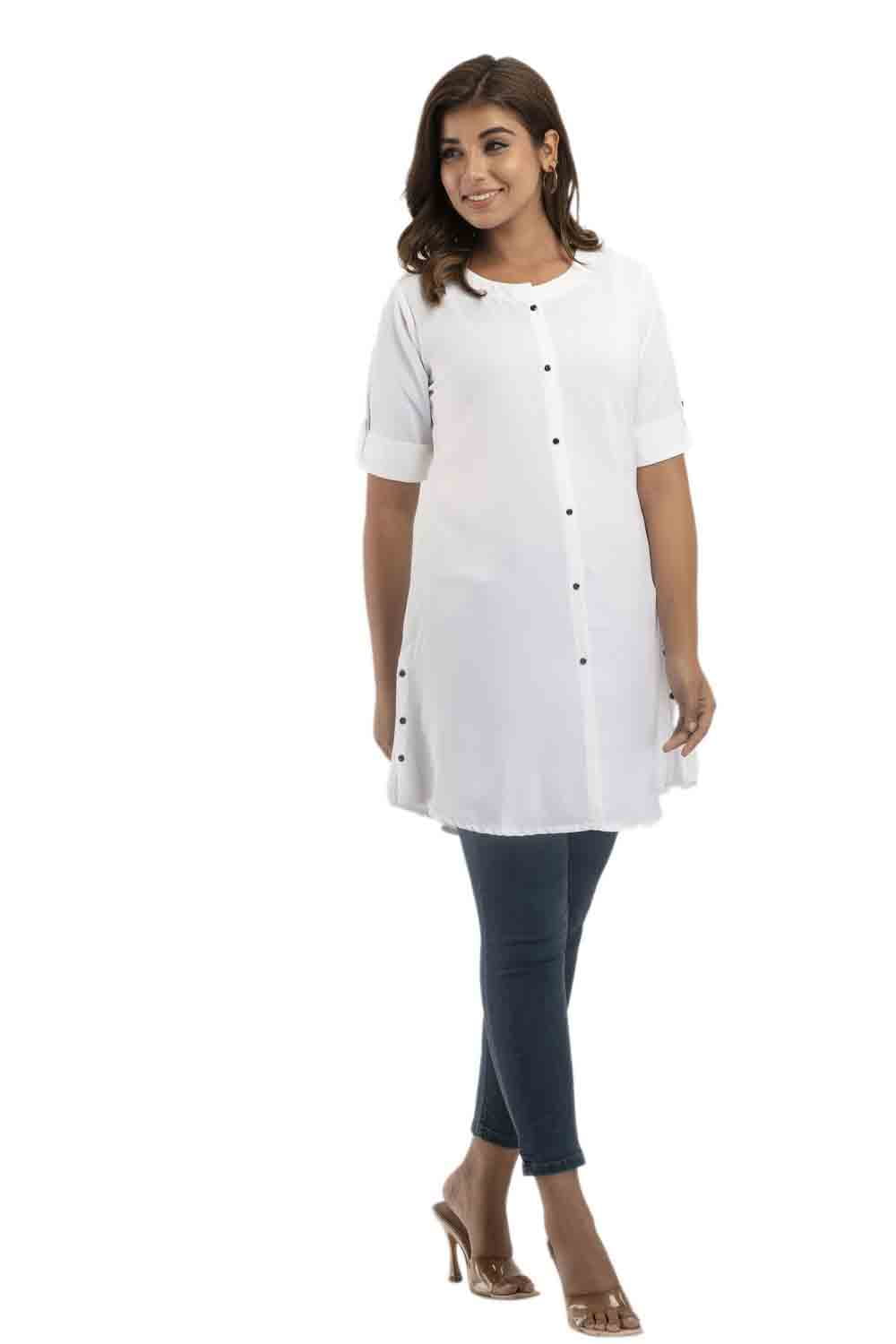 White Round Neck Solid Short Kurti