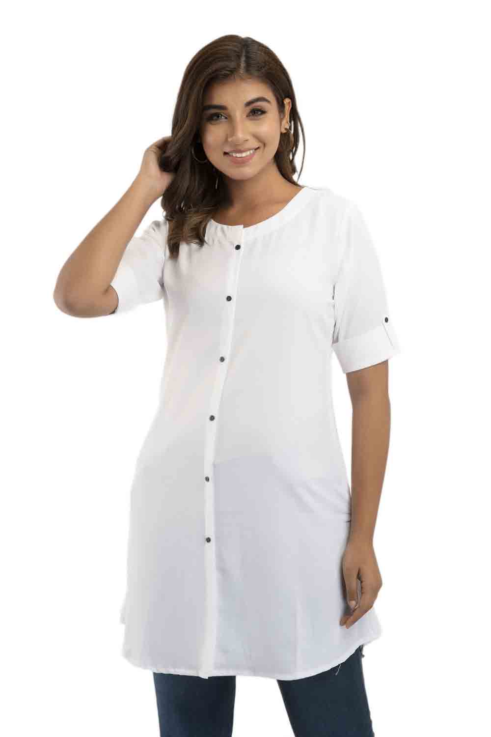 White Round Neck Solid Short Kurti