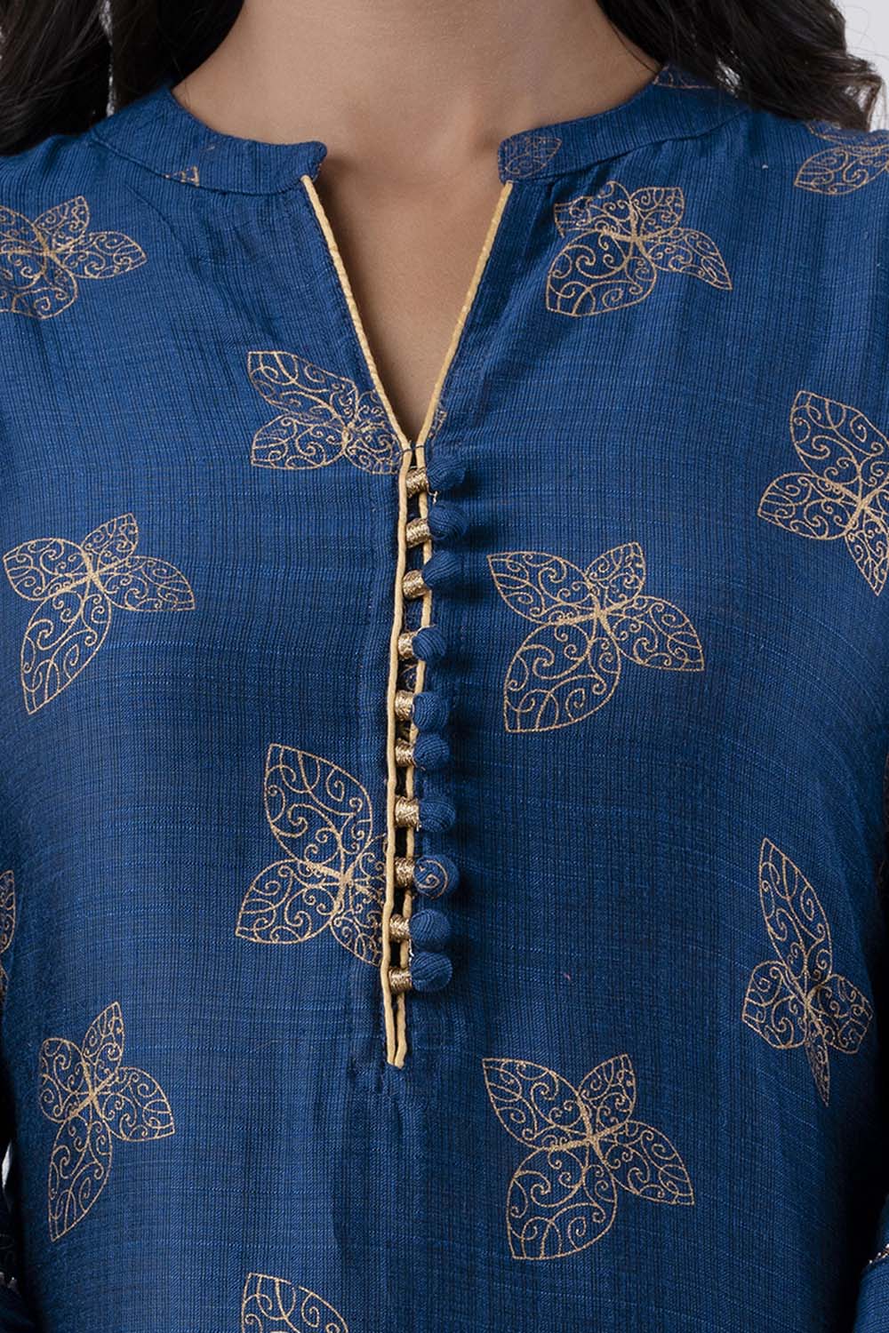 Peacock Blue Printed Art Silk a Line Kurti