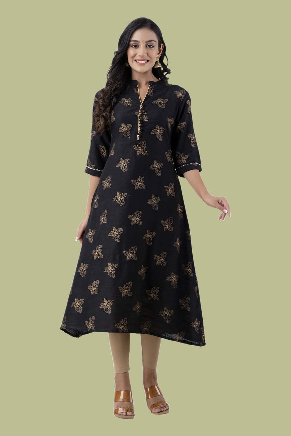 Black Printed Art Silk a Line Kurti