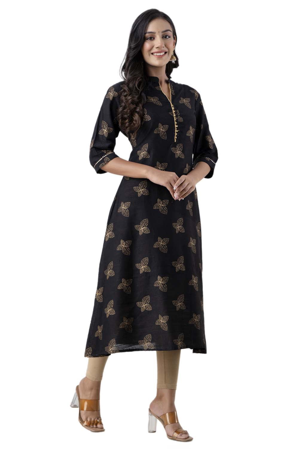 Black Printed Art Silk a Line Kurti