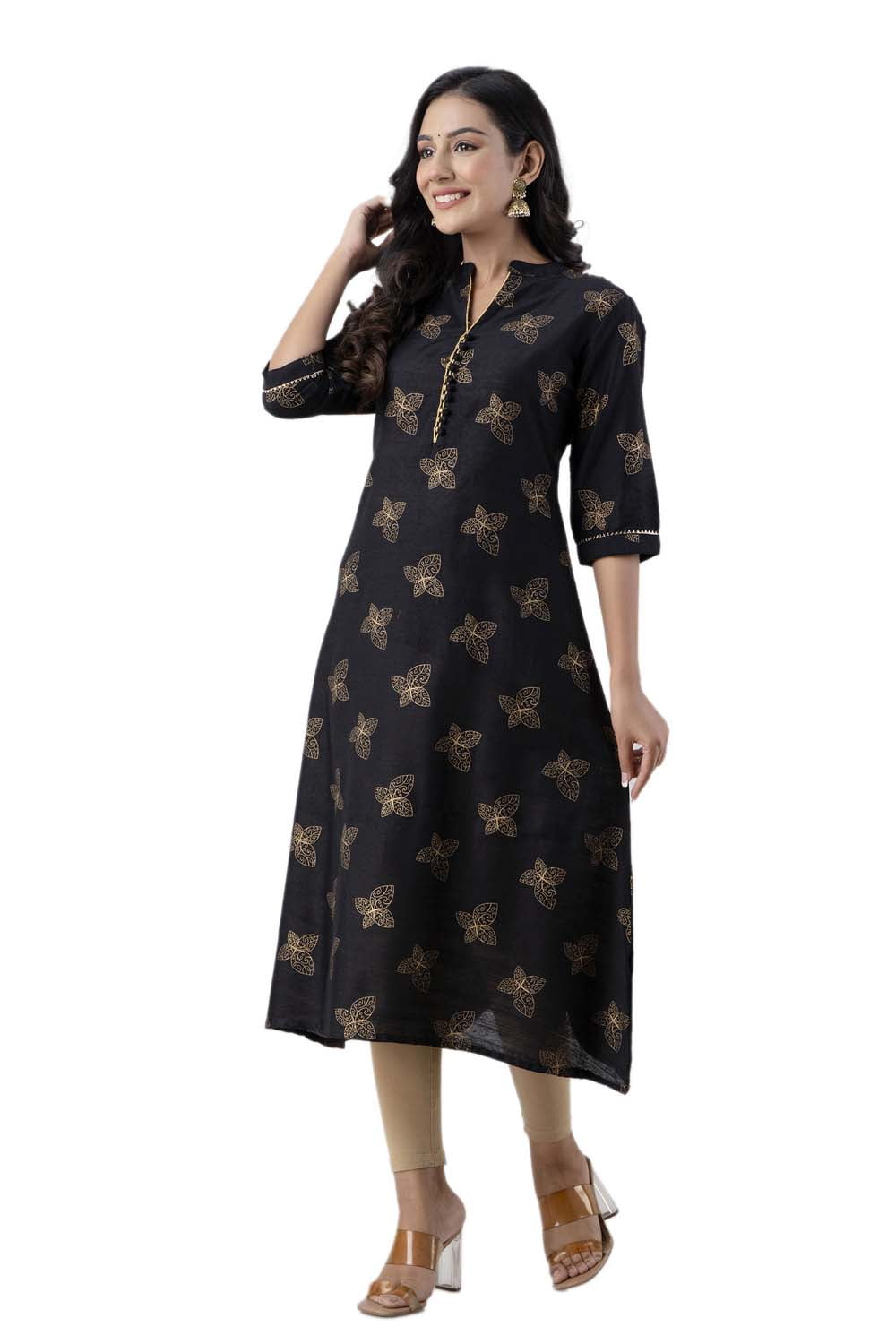 Black Printed Art Silk a Line Kurti