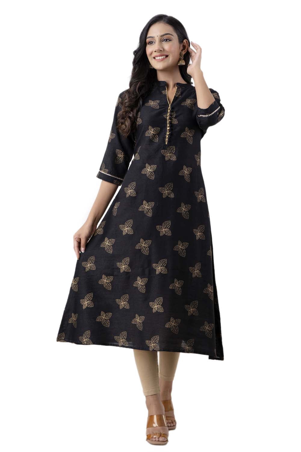 Black Printed Art Silk a Line Kurti