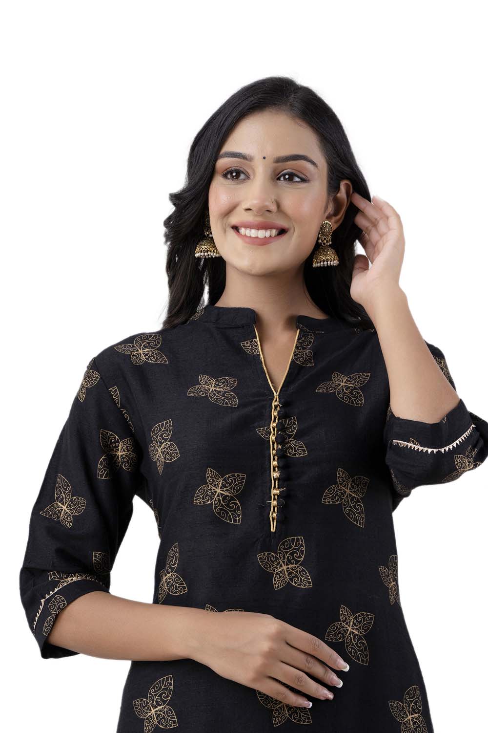 Black Printed Art Silk a Line Kurti