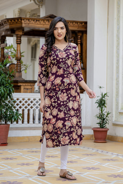 Dark Wine Printed Partyqueen Straight Cut Kurti