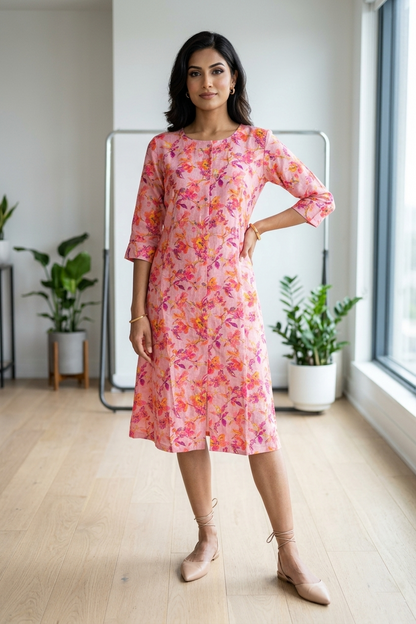 Pink Printed Rayon A-Line Kurti