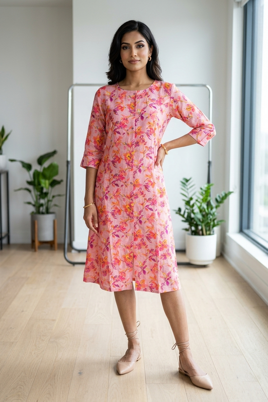 Pink Printed Rayon A-Line Kurti