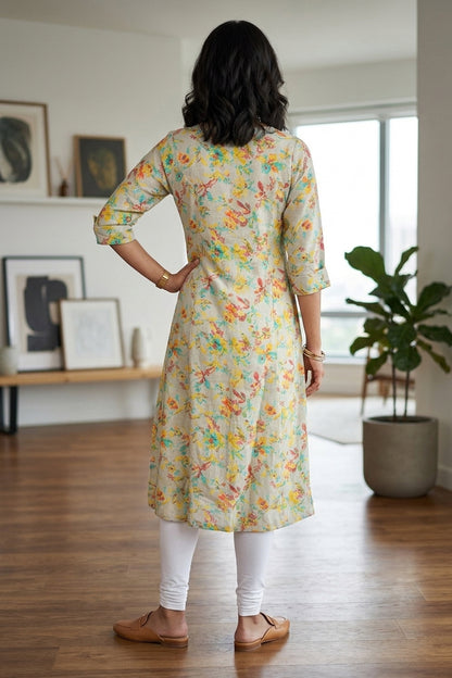 Pista Green Printed Rayon A-Line Kurti