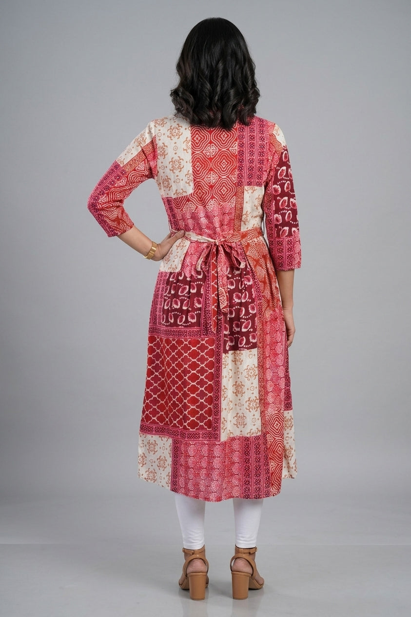Pink Printed Cotton A-line Kurti