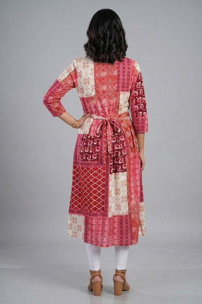 Pink Printed Cotton A-line Kurti