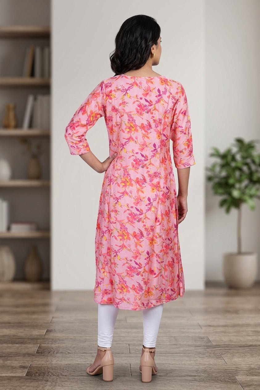 Pink Printed Rayon A-Line Kurti