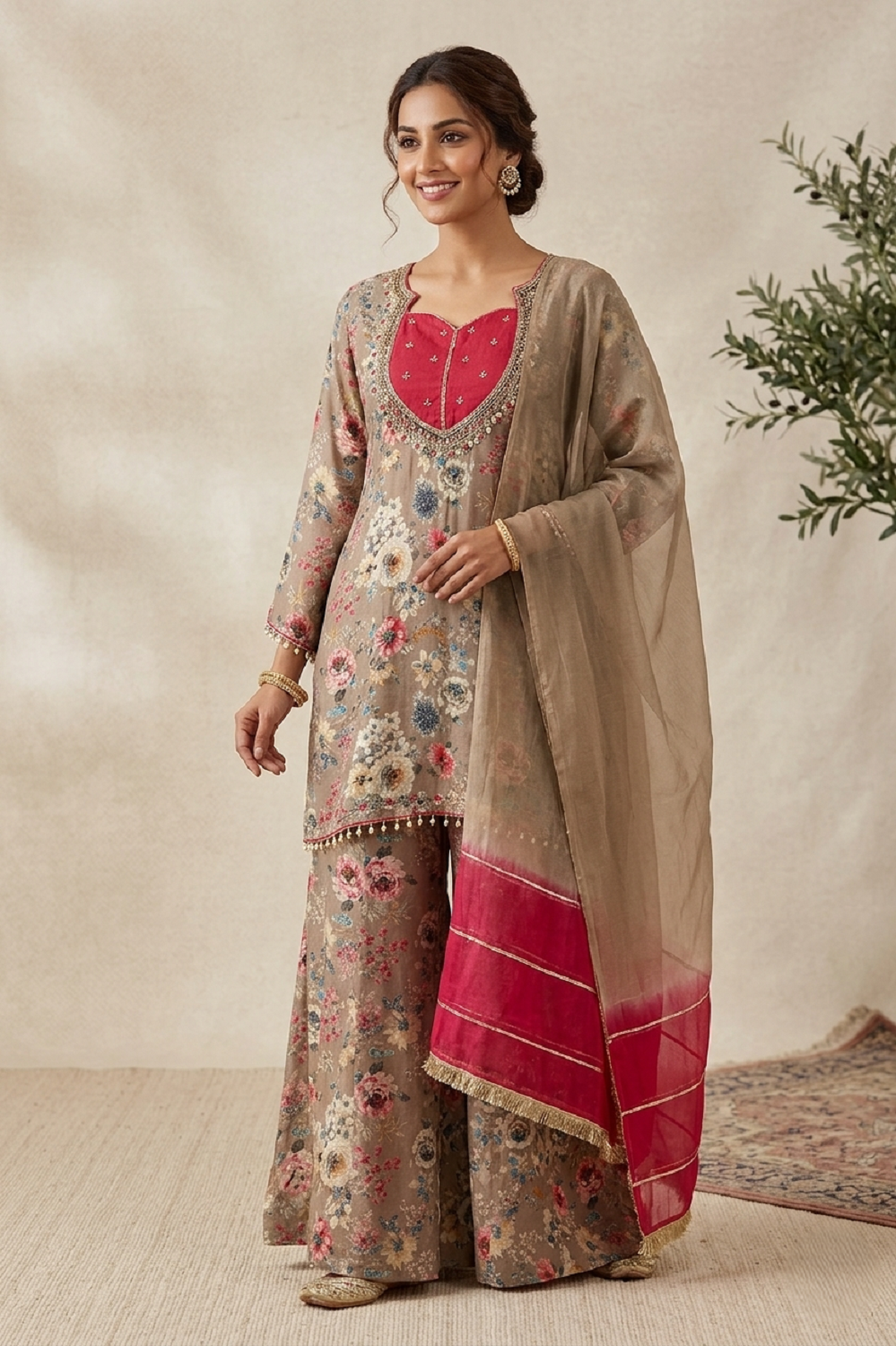 Brown Chinon Garara Kurti 3 Pieces Set