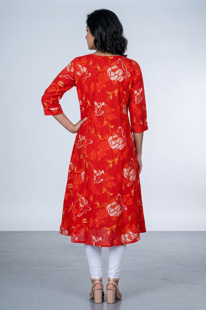 Red Printed Rayon A-line Kurti