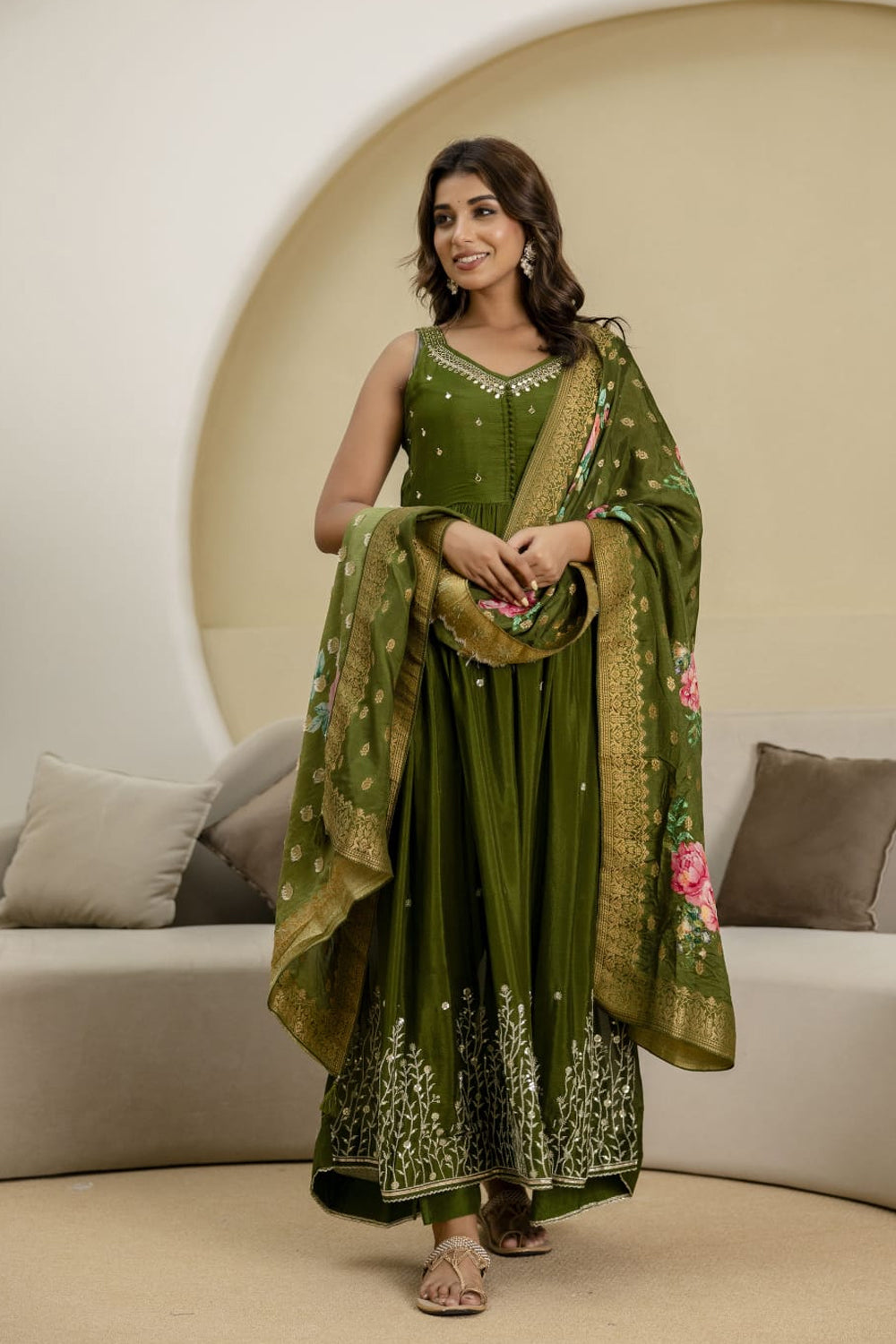 Mehandi Green Chinon Frock Kurti 3 Pieces Set