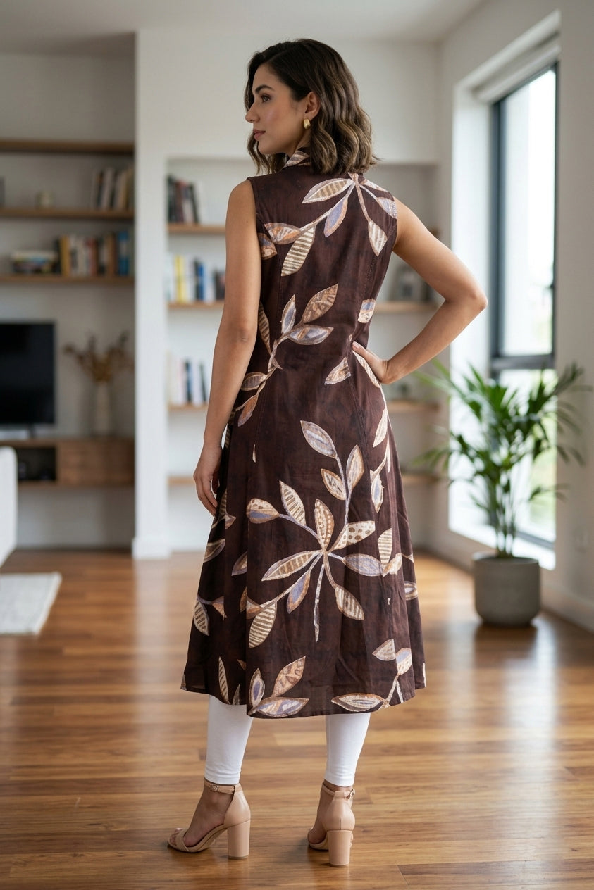 Coffee Printed Rayon A-Line Kurti