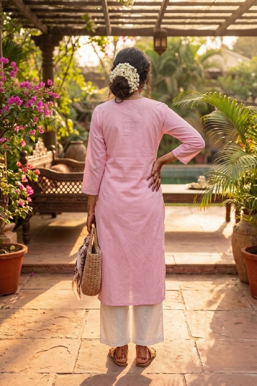 Baby Pink Cotton Aari Work Straight Kurti