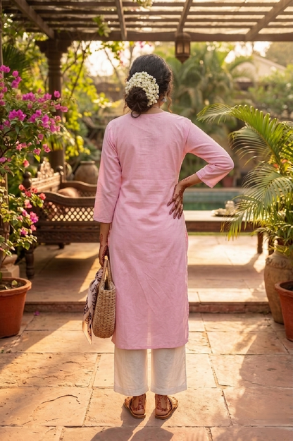 Baby Pink Cotton Aari Work Straight Kurti