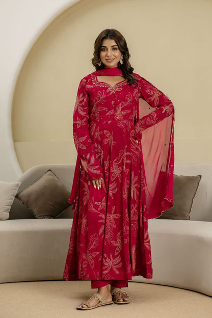 Reddish Pink Chinon Frock Kurti 3 Pieces Set