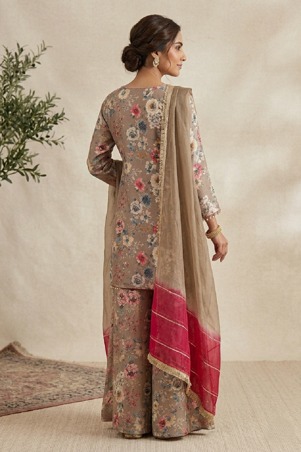 Brown Chinon Garara Kurti 3 Pieces Set