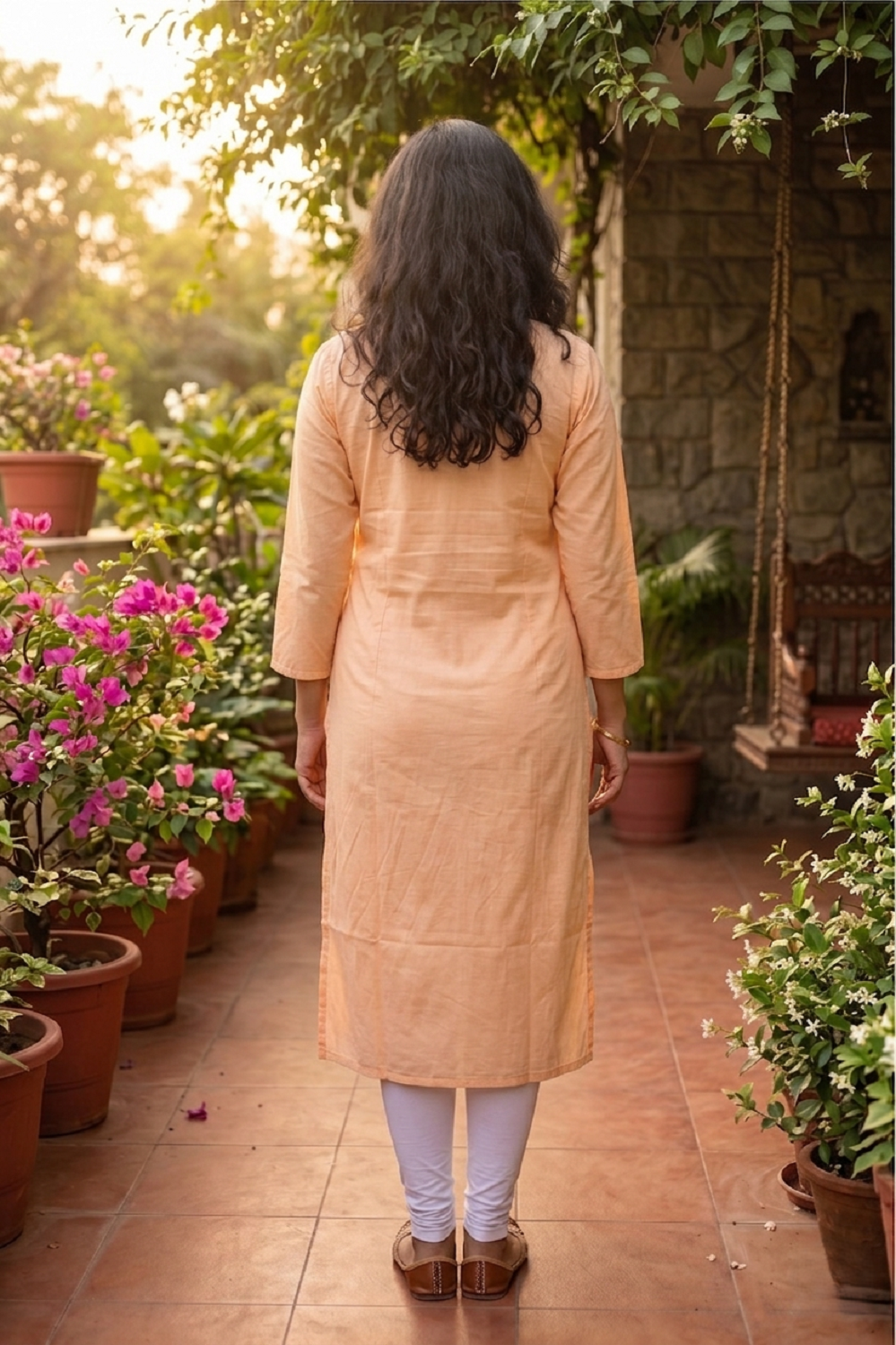 Peach Cotton Aari Work Straight Kurti