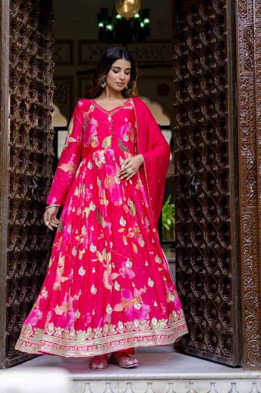 Rani Pink Chinon Frock Kurti 3 Pieces Set
