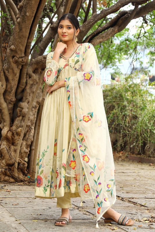 Gold Viscose Shimer Aliya Cut Kurti 3 Pieces Set