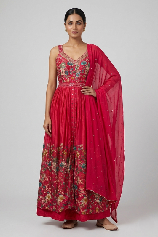 Reddish Pink Chinon Skirt Kurti 3 Pieces Set