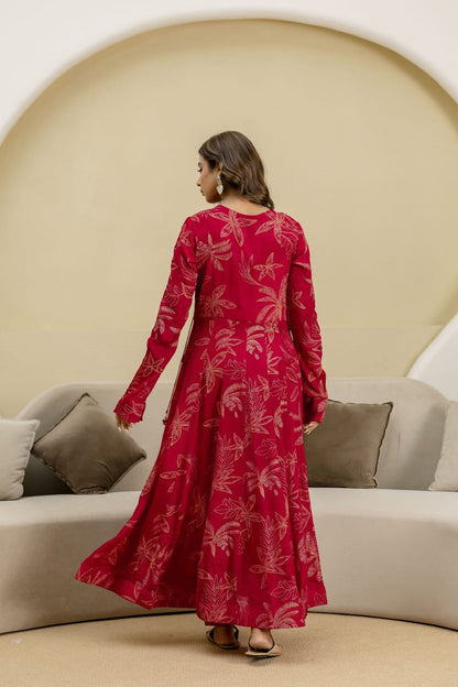Reddish Pink Chinon Frock Kurti 3 Pieces Set
