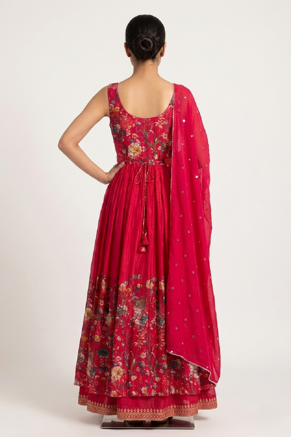 Reddish Pink Chinon Skirt Kurti 3 Pieces Set