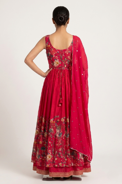 Reddish Pink Chinon Skirt Kurti 3 Pieces Set