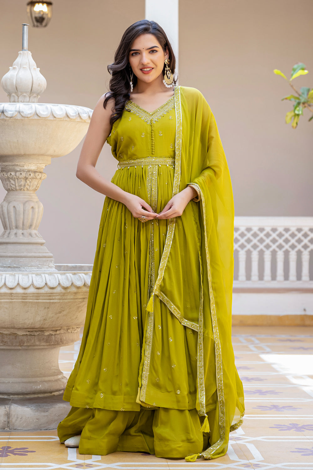 Green Chinon Kurti Open Skirt