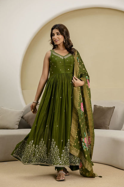 Mehandi Green Chinon Frock Kurti 3 Pieces Set
