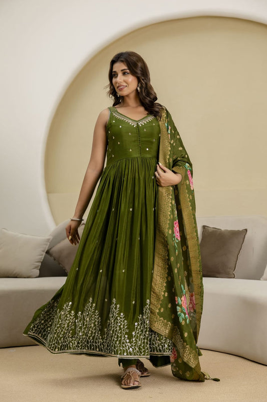 Mehandi Green Chinon Frock Kurti 3 Pieces Set