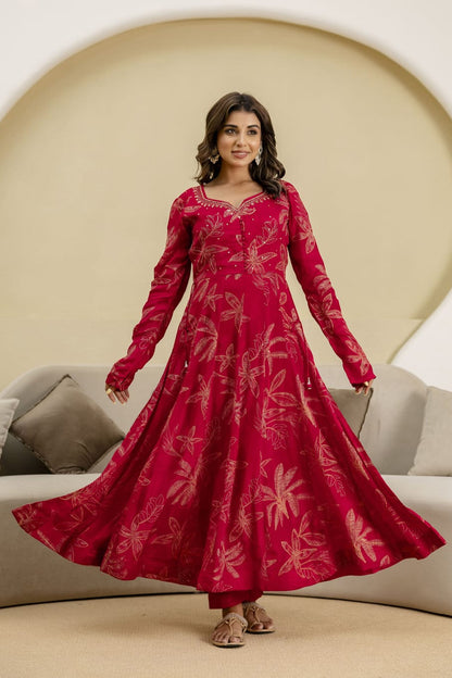 Reddish Pink Chinon Frock Kurti 3 Pieces Set