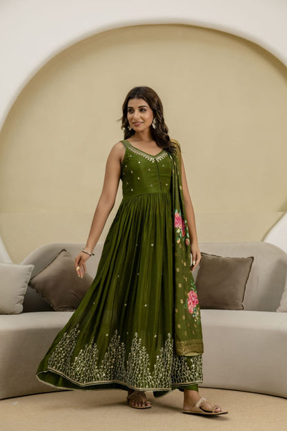 Mehandi Green Chinon Frock Kurti 3 Pieces Set