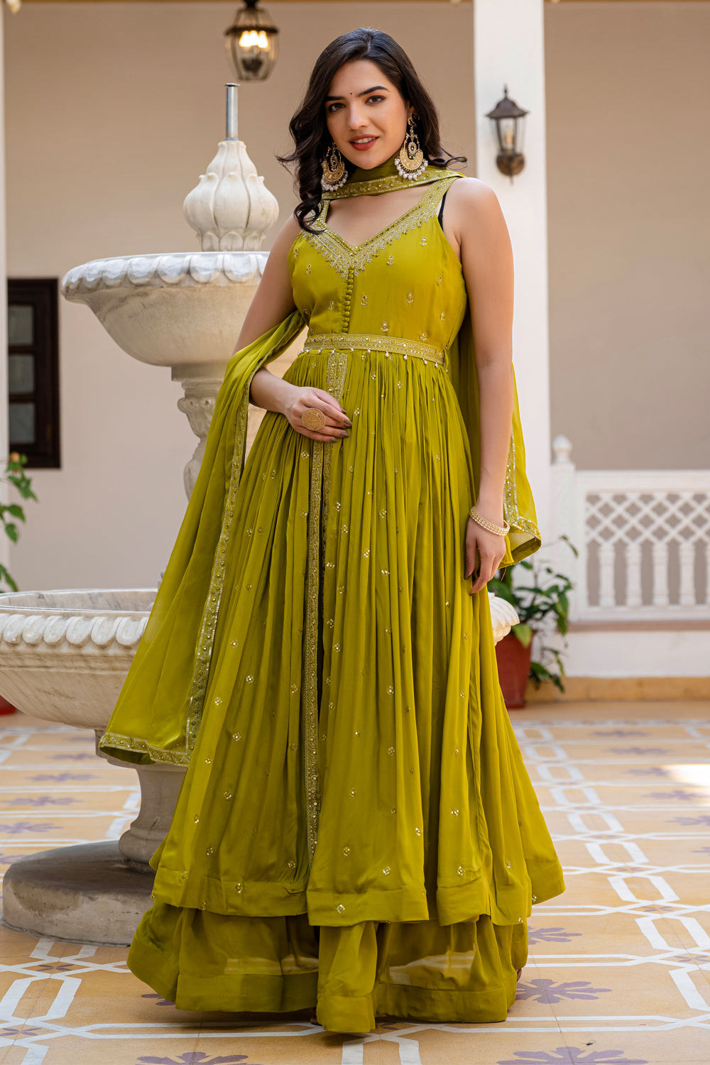 Green Chinon Kurti Open Skirt