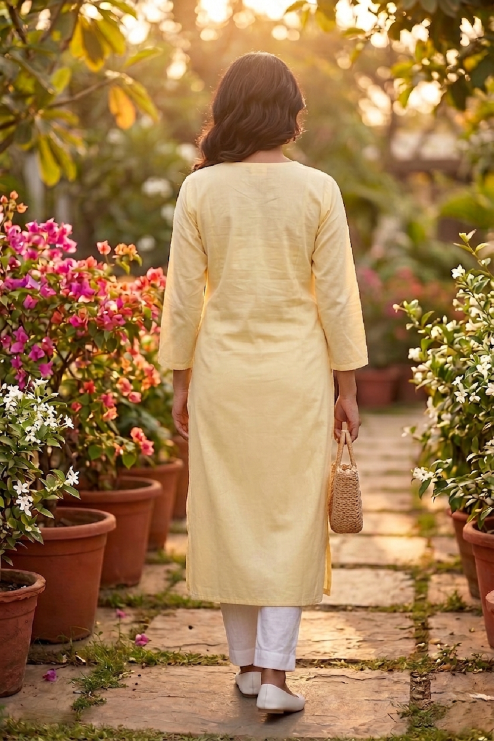 Light Lemon Yellow Cotton Aari Work Straight Kurti