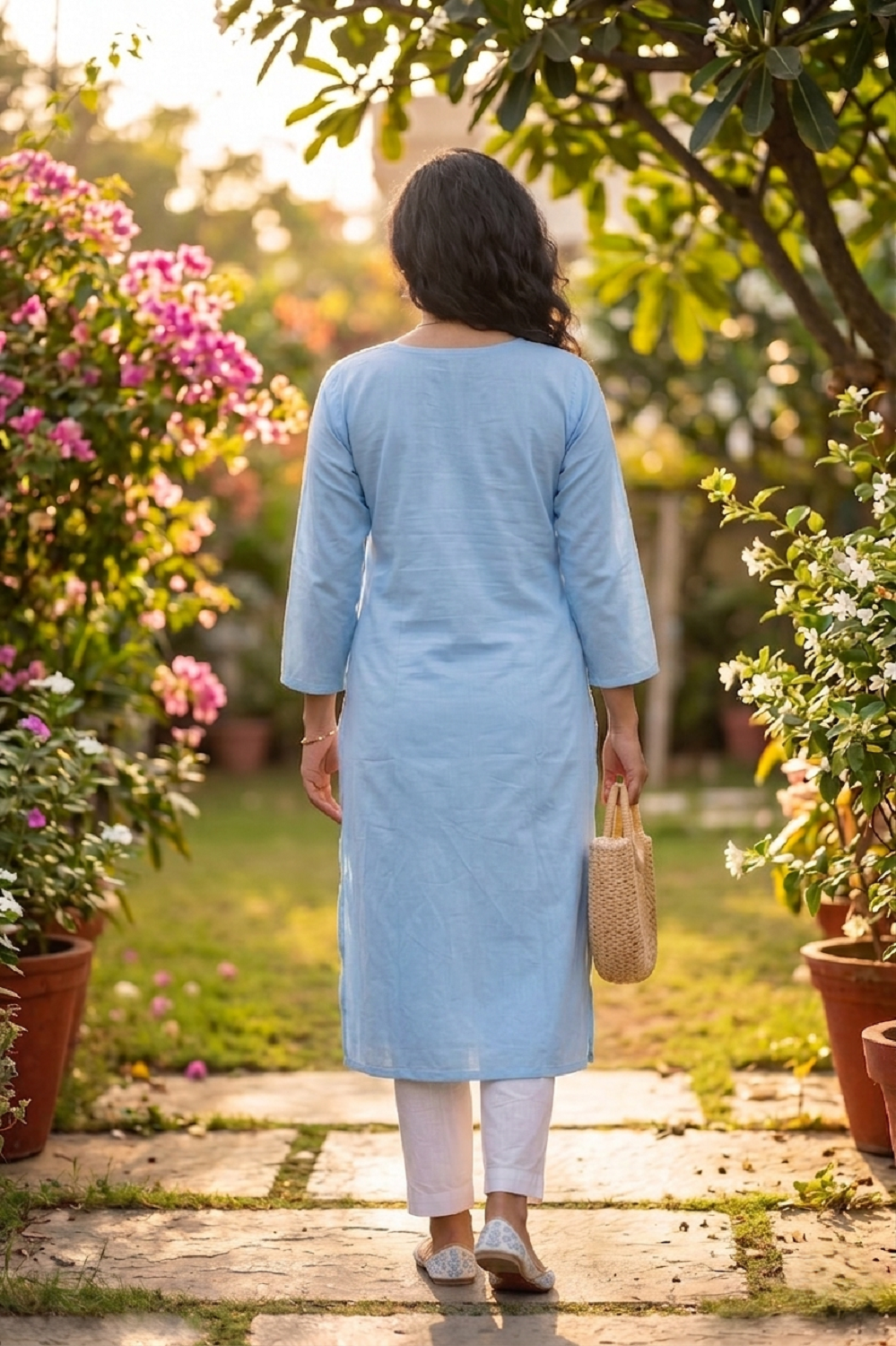 Sky Blue Cotton Aari Work Straight Kurti