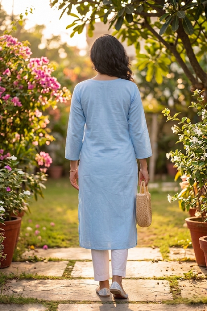 Sky Blue Cotton Aari Work Straight Kurti