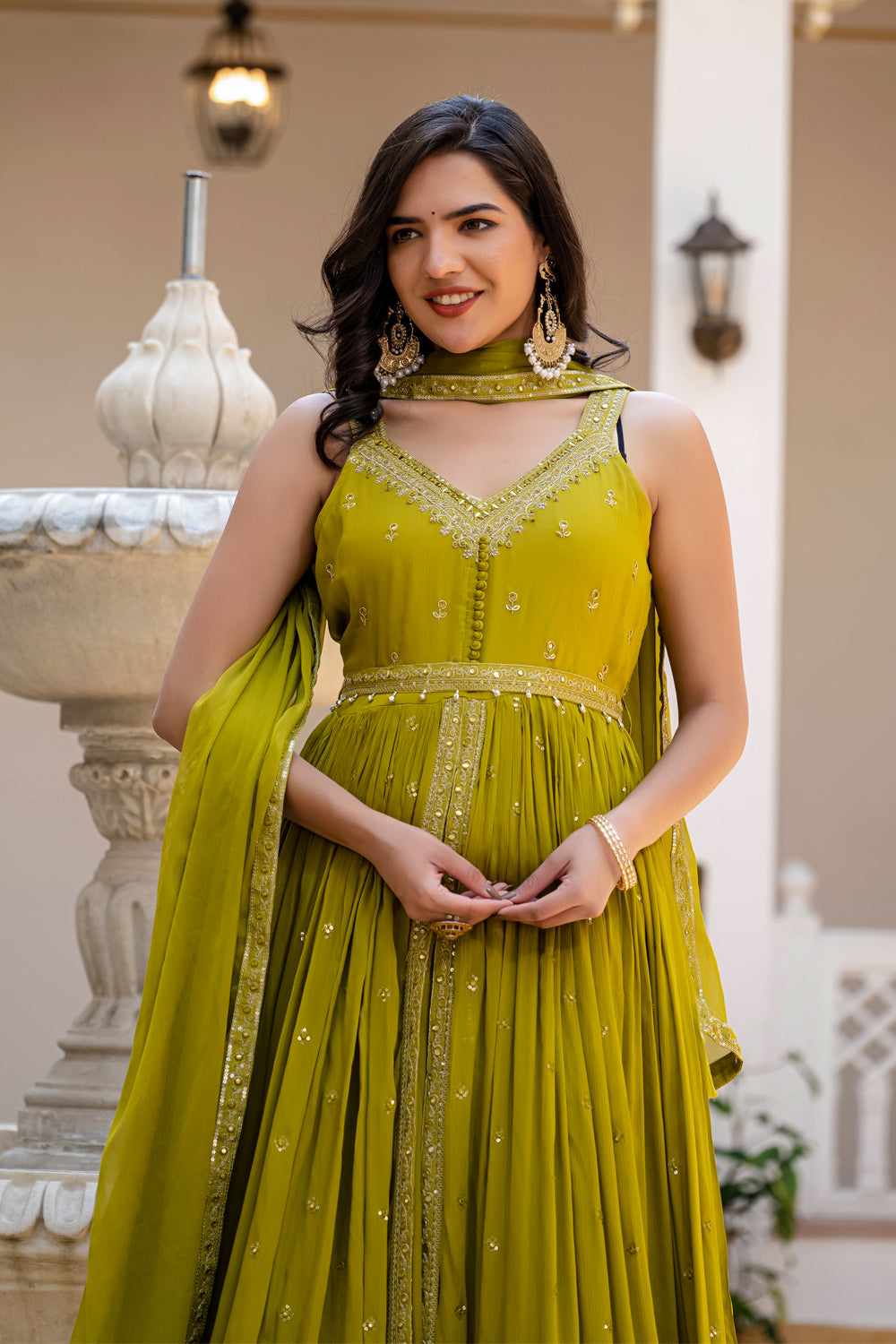Green Chinon Kurti Open Skirt