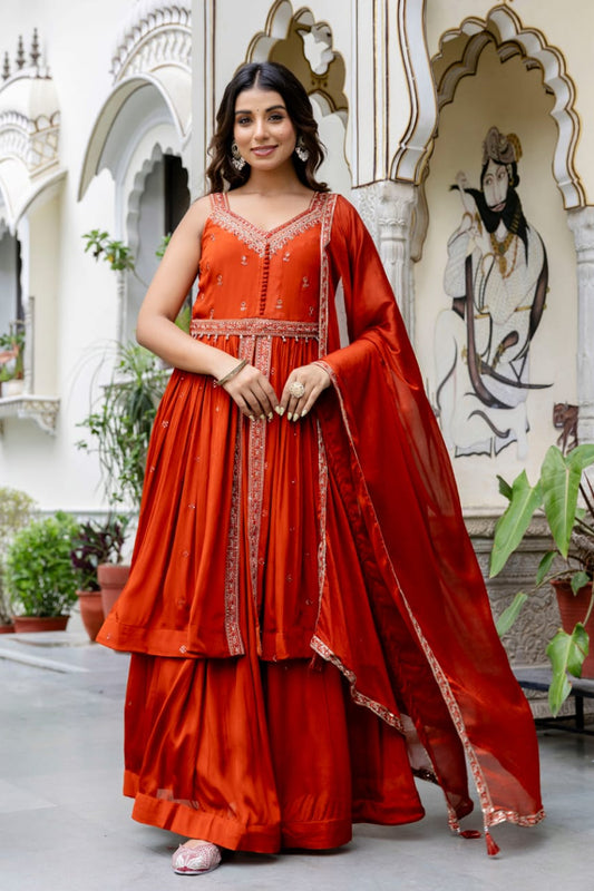 Rust Chinon Front Open Kurti 3 Pieces Set