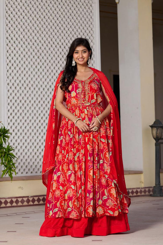 Orange Chinon Kurti Skirt 3 Pieces Set