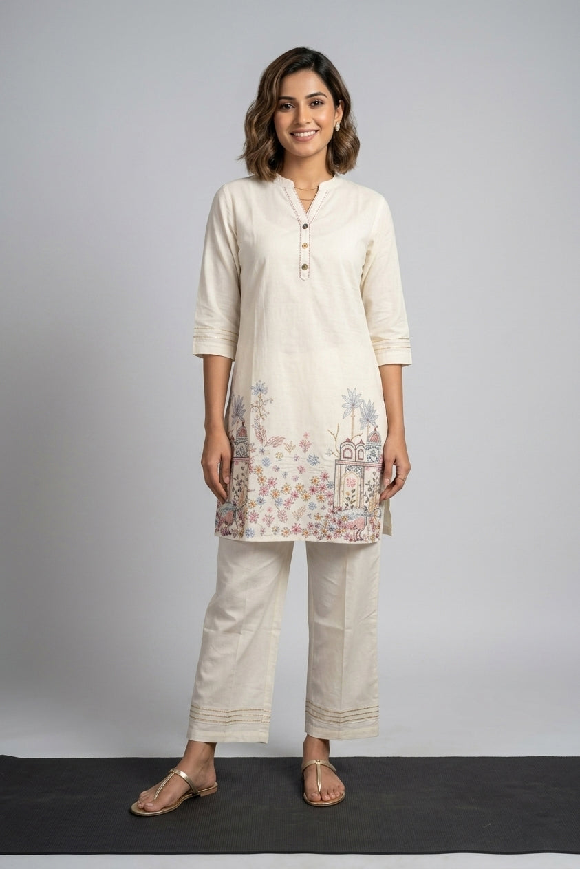 Off White Art Silk Kurti Pant 2 Pieces Set