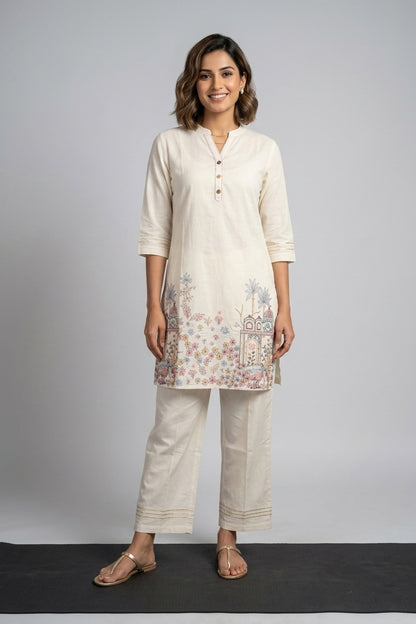 Off White Art Silk Kurti Pant 2 Pieces Set