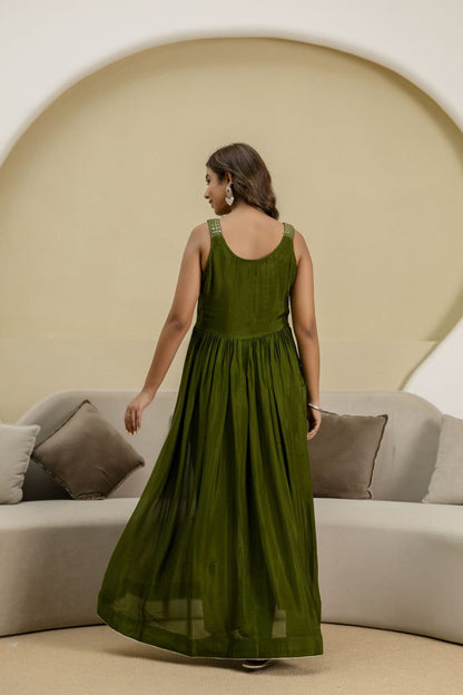 Mehandi Green Chinon Frock Kurti 3 Pieces Set